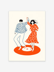 Minimalist illustration of a dancing couple on an orange vinyl record, featuring blue and red retro style.