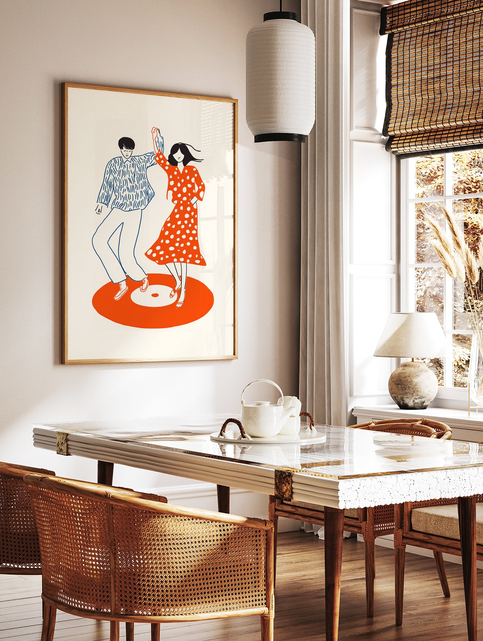 Minimalist illustration of a dancing couple on an orange vinyl record, featuring blue and red retro style. - Image 3
