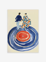 Illustrative art print of a dancing couple on a large blue and red vinyl record with green and orange patterns