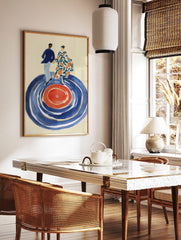 Illustrative art print of a dancing couple on a large blue and red vinyl record with green and, in a styled room mockup