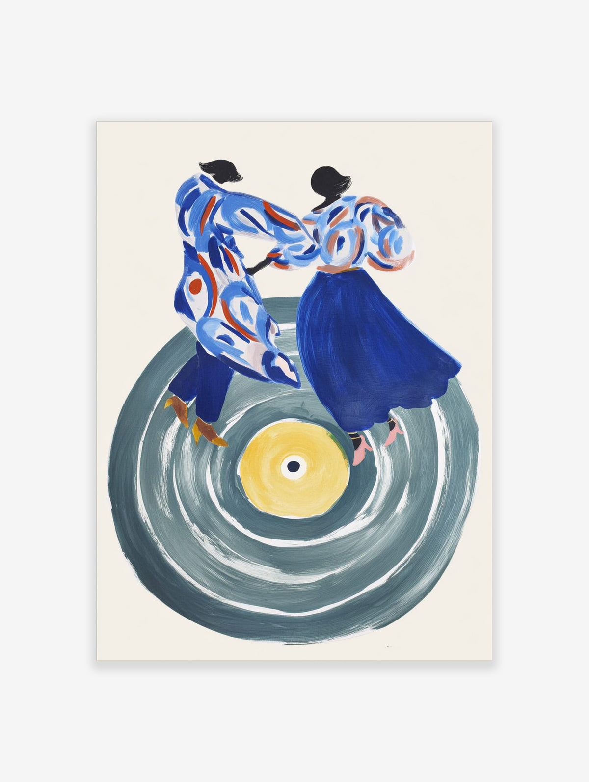 Illustrative art print of a dancing couple on a large grey vinyl record with a yellow centre, in blues, white, and orange