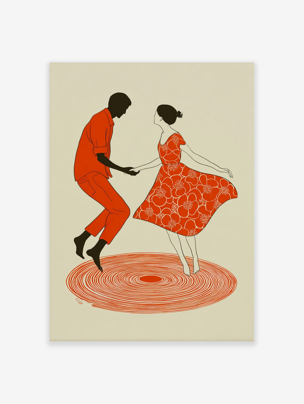 Illustrative art print of a dancing couple, man in orange, woman in red floral dress, on concentric red circles