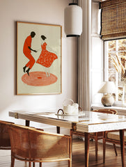 Illustrative art print of a dancing couple, man in orange, woman in red floral dress, on concentric, in a styled room mockup