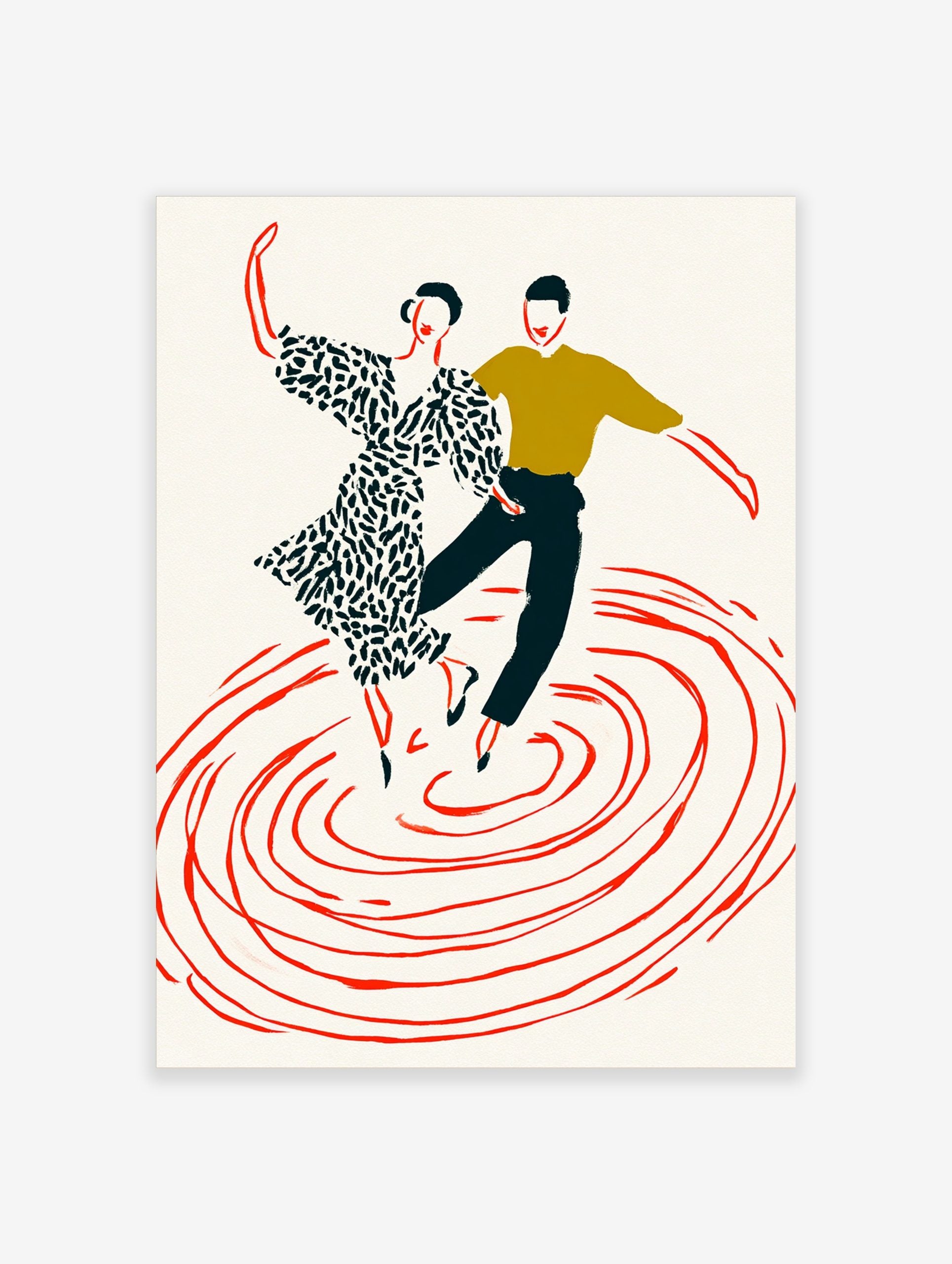 Illustrative print of two dancers, woman in patterned dress, man in olive top, above red swirling lines