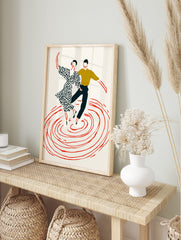 Illustrative print of two dancers, woman in patterned dress, man in olive top, above red, in an alternate framed mockup