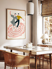 Illustrative print of two dancers, woman in patterned dress, man in olive top, above red swirling, in a styled room mockup