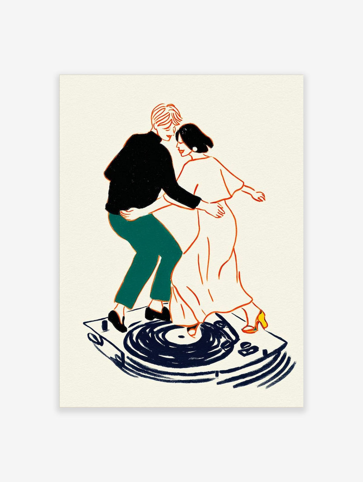 Illustrative art print of a couple dancing on a record player, outlined in orange with black, green, and white clothes