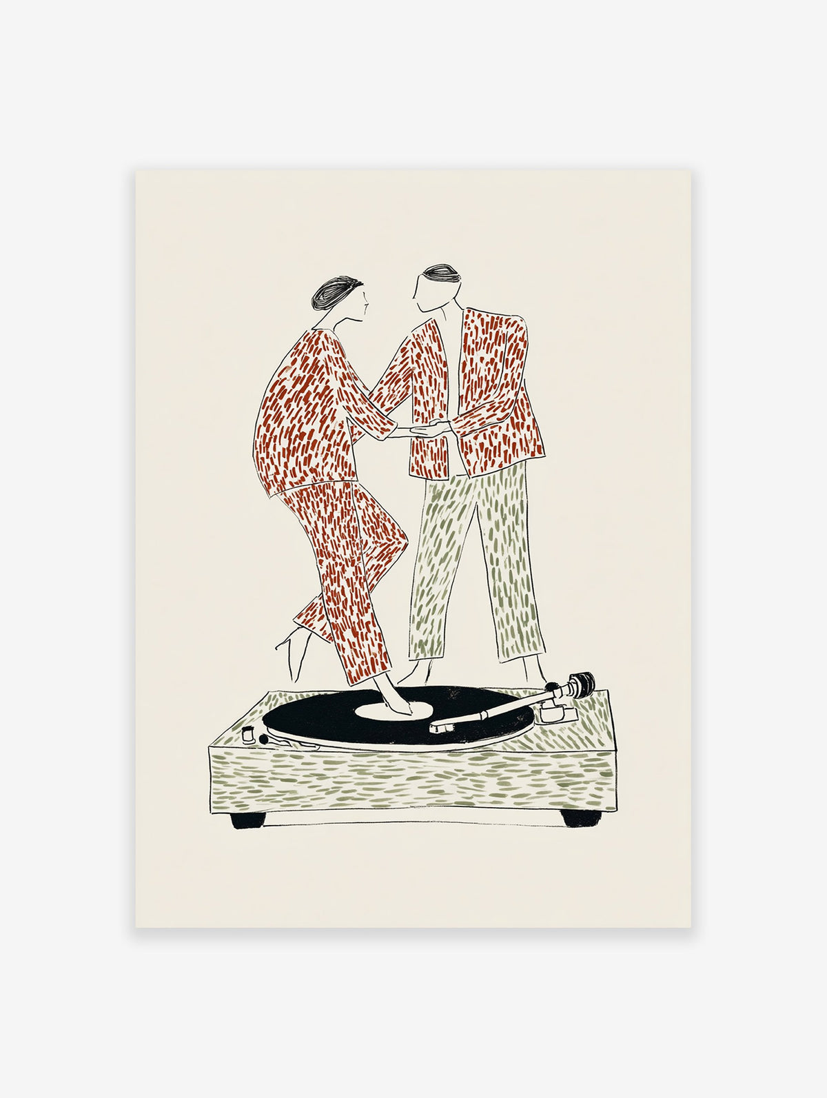 Illustrative Wall Art of a couple in patterned clothes dancing on a record player, set against a cream background.