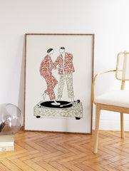 Illustrative Wall Art of a couple in patterned clothes dancing on a record player, set against a cream background. - Image 2