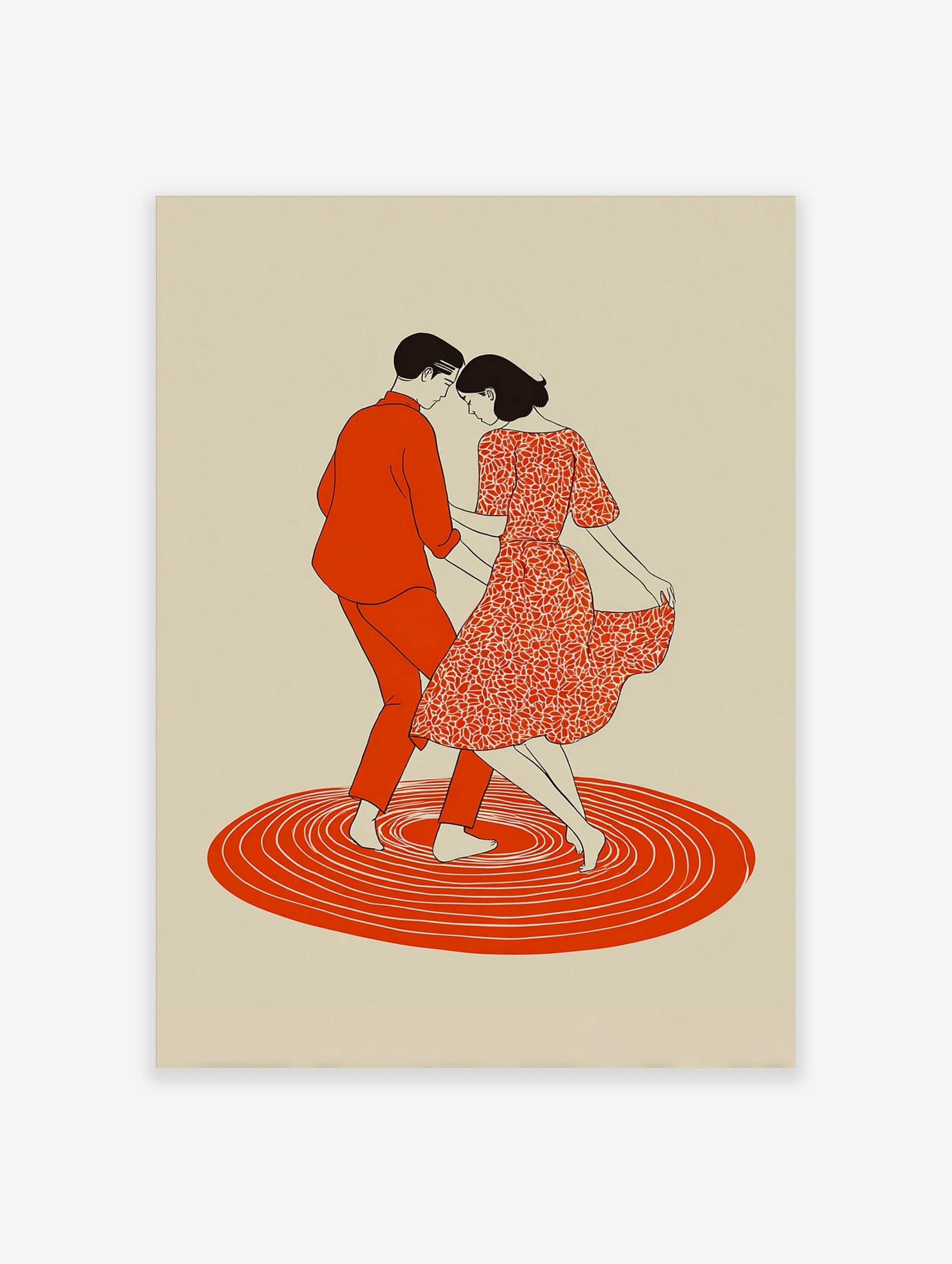 Illustrative print of a dancing couple in red, with a patterned dress and concentric circles on beige