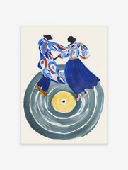 Abstract art print of two stylised figures dancing on a large grey vinyl record with a yellow centre label
