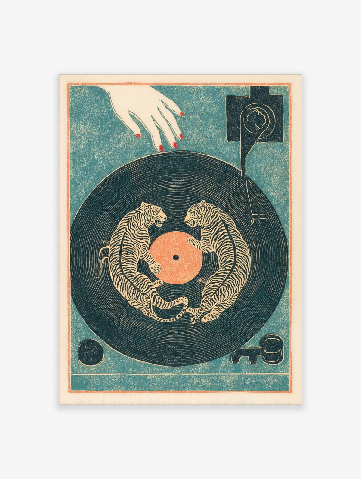 Illustrative print of two dancing tigers on a navy vinyl record with an orange centre and a hovering hand
