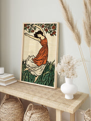 Art Nouveau illustration of a dancing woman in orange dress with green grass and red flowers, in an alternate framed mockup