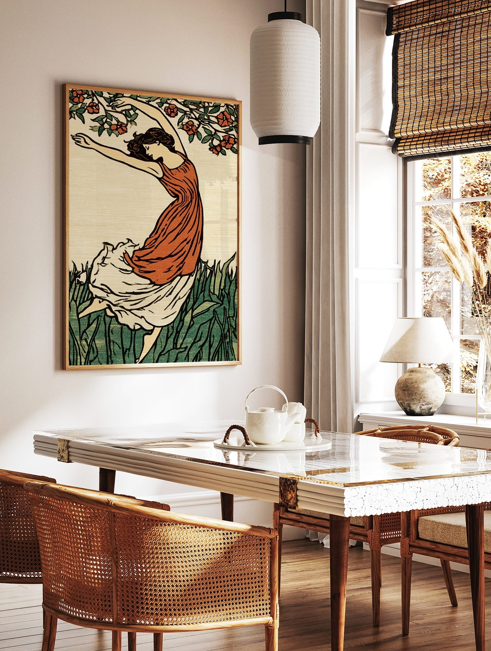 Art Nouveau illustration of a dancing woman in orange dress with green grass and red flowers, in a styled room mockup