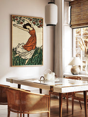 Art Nouveau illustration of a dancing woman in orange dress with green grass and red flowers, in a styled room mockup