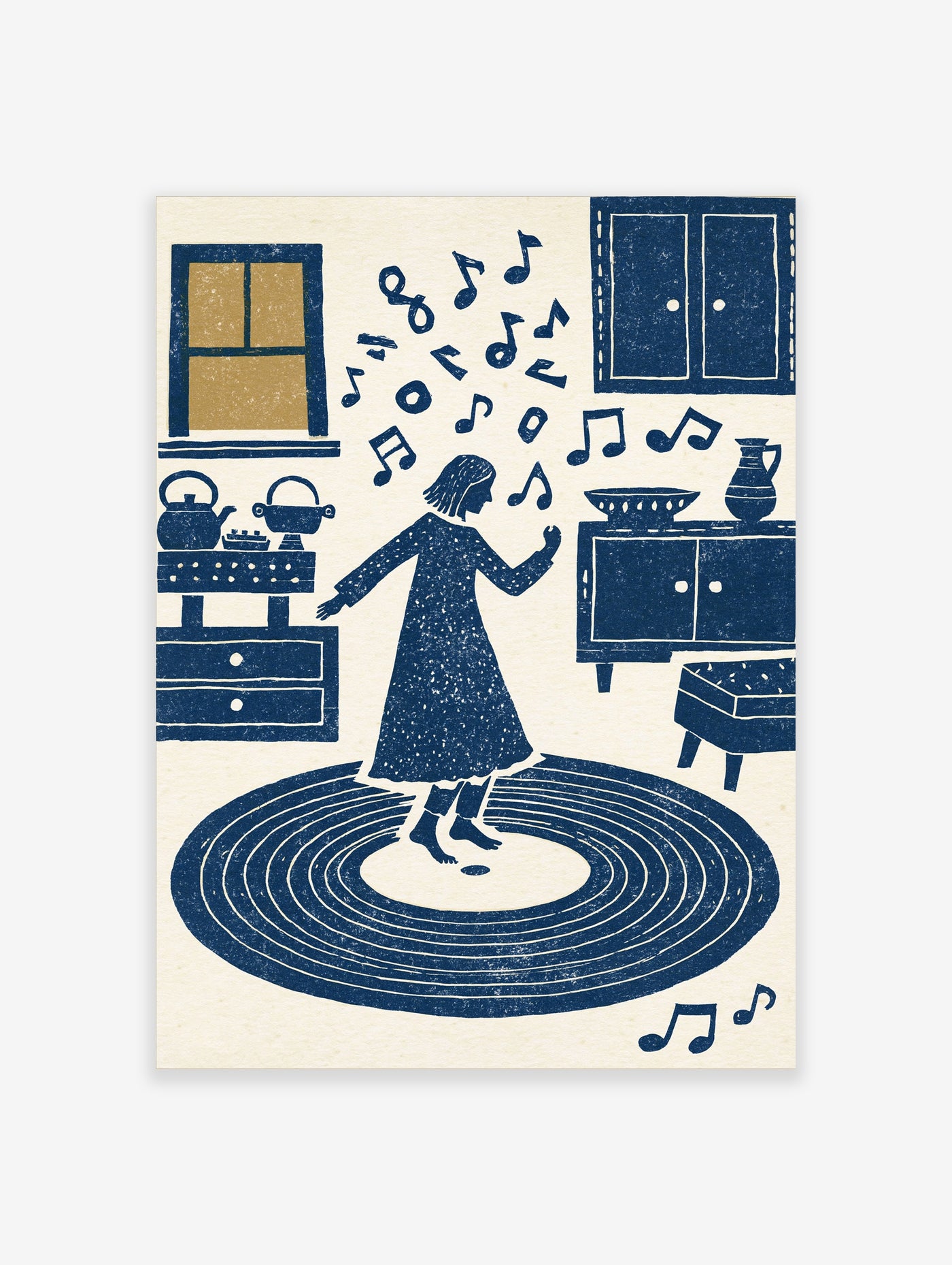 Dancing woman on record floor with music notes, blue linocut style, kitchen scene, unframed print