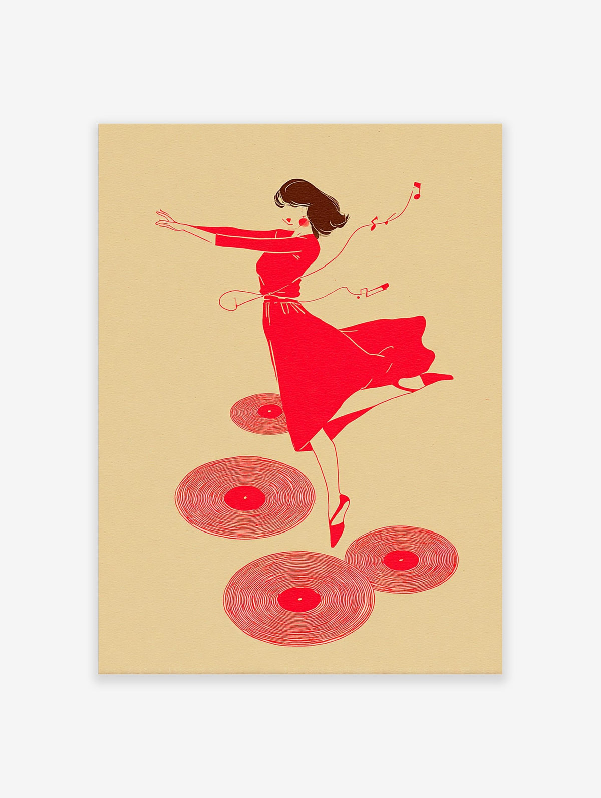 Red illustrative print of a dancing woman with headphones and musical notes, surrounded by vinyl records