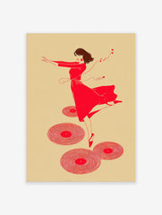 Red illustrative print of a dancing woman with headphones and musical notes, surrounded by vinyl records