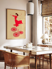 Red illustrative print of a dancing woman with headphones and musical notes, surrounded by vinyl, in a styled room mockup