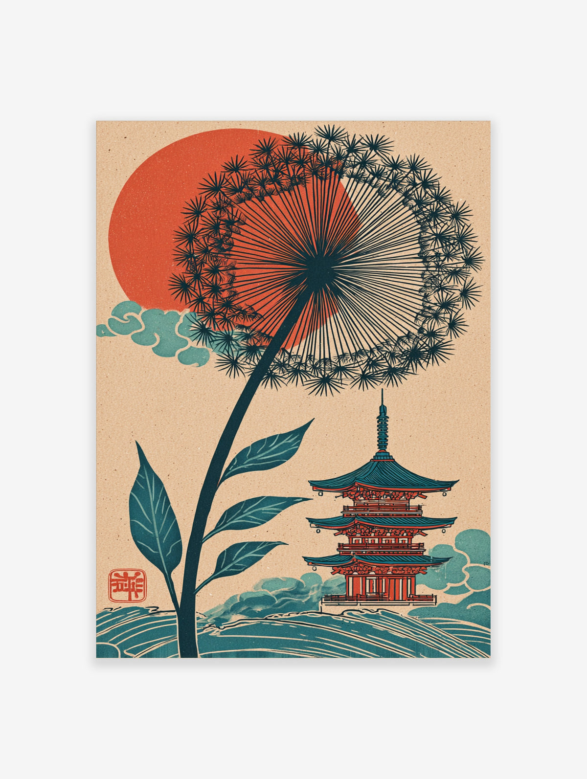 Dandelion seed head, red sun, pagoda, teal clouds, waves, Japanese botanical print