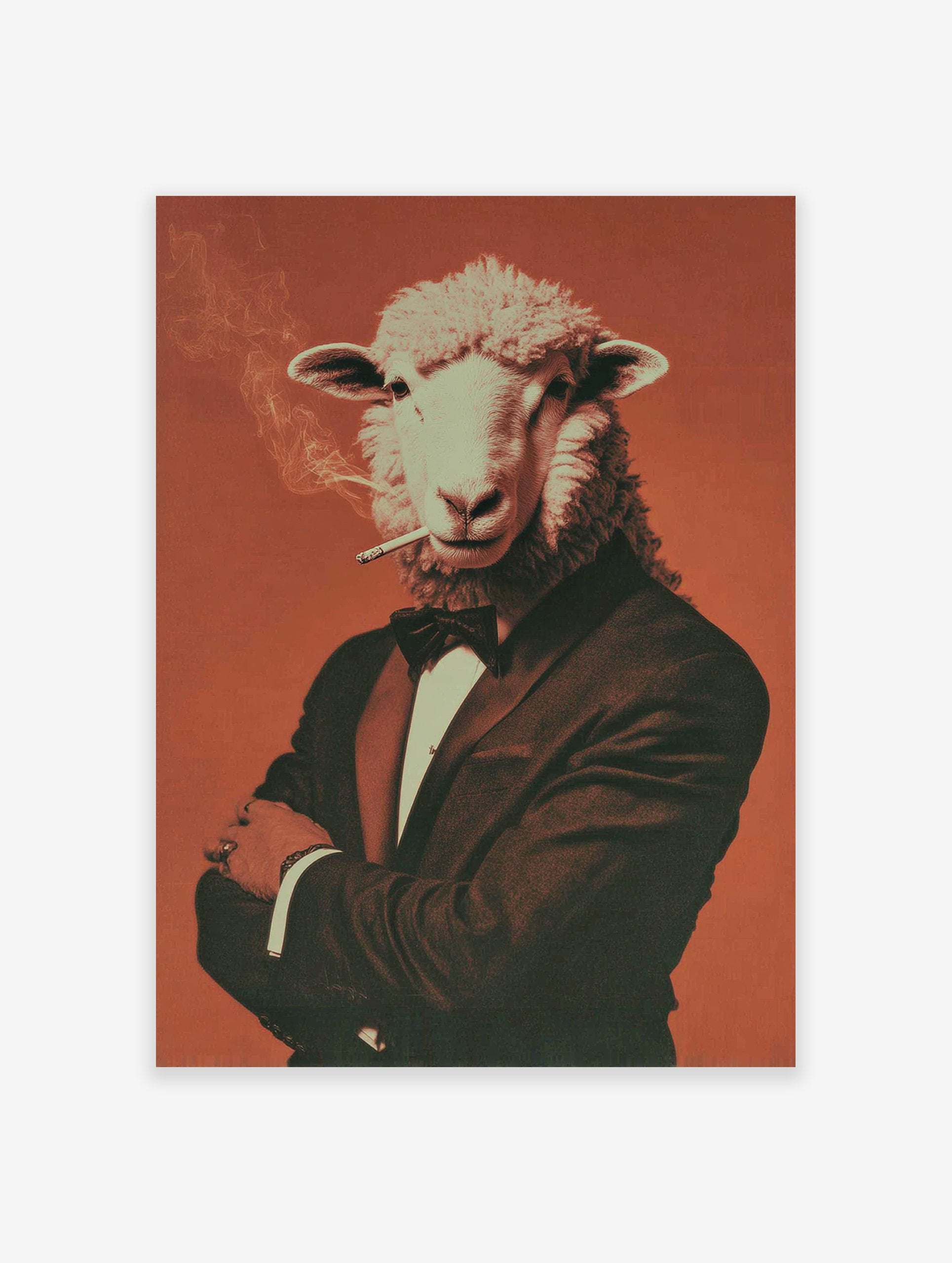 Dapper Sheep Smoking Poster art print featuring a sheep in a tuxedo smoking a cigarette against an orange background.