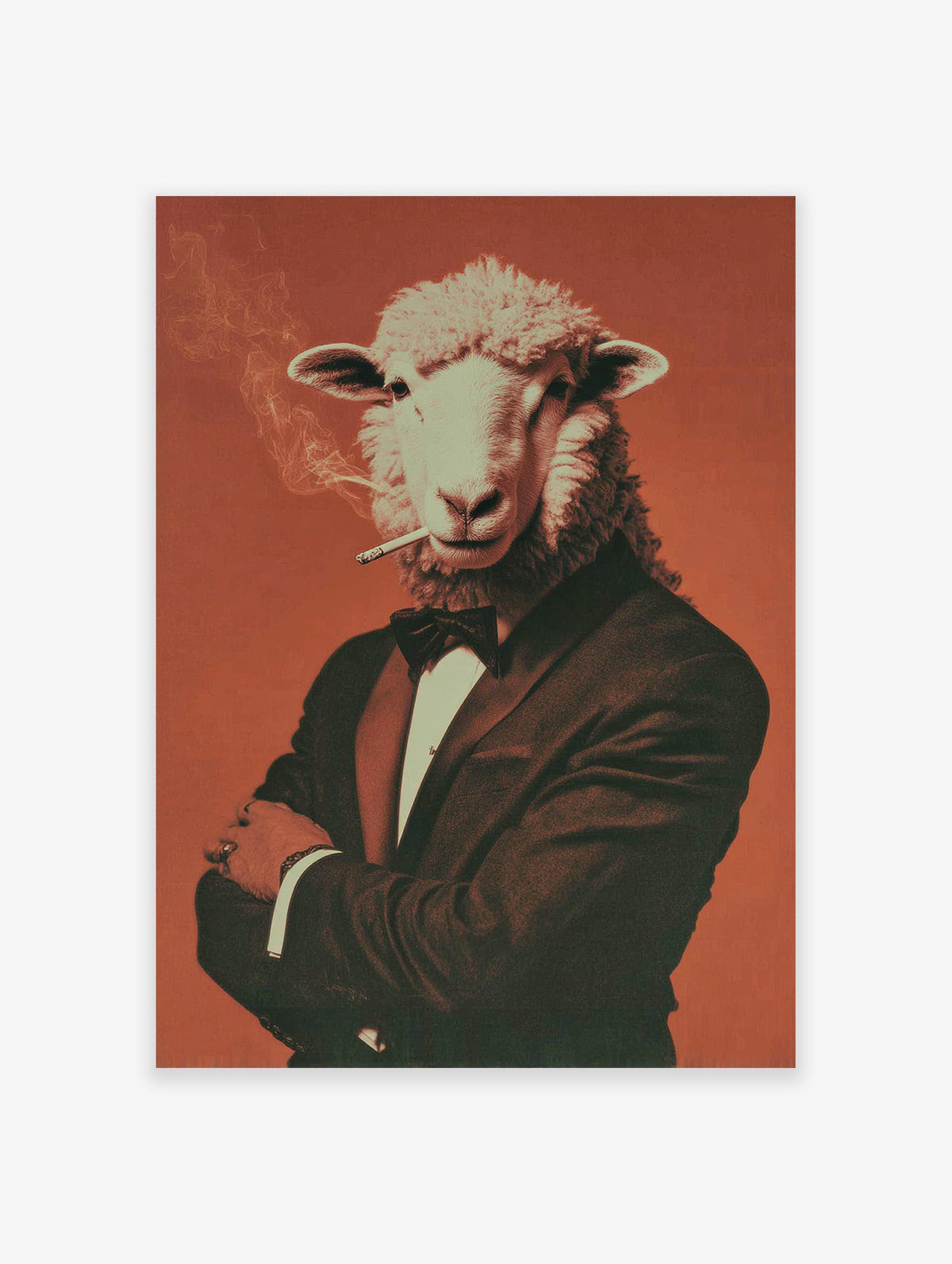 Dapper Sheep Smoking Poster art print featuring a sheep in a tuxedo smoking a cigarette against an orange background.