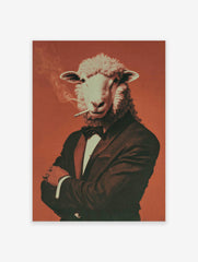 Dapper Sheep Smoking Poster art print featuring a sheep in a tuxedo smoking a cigarette against an orange background.