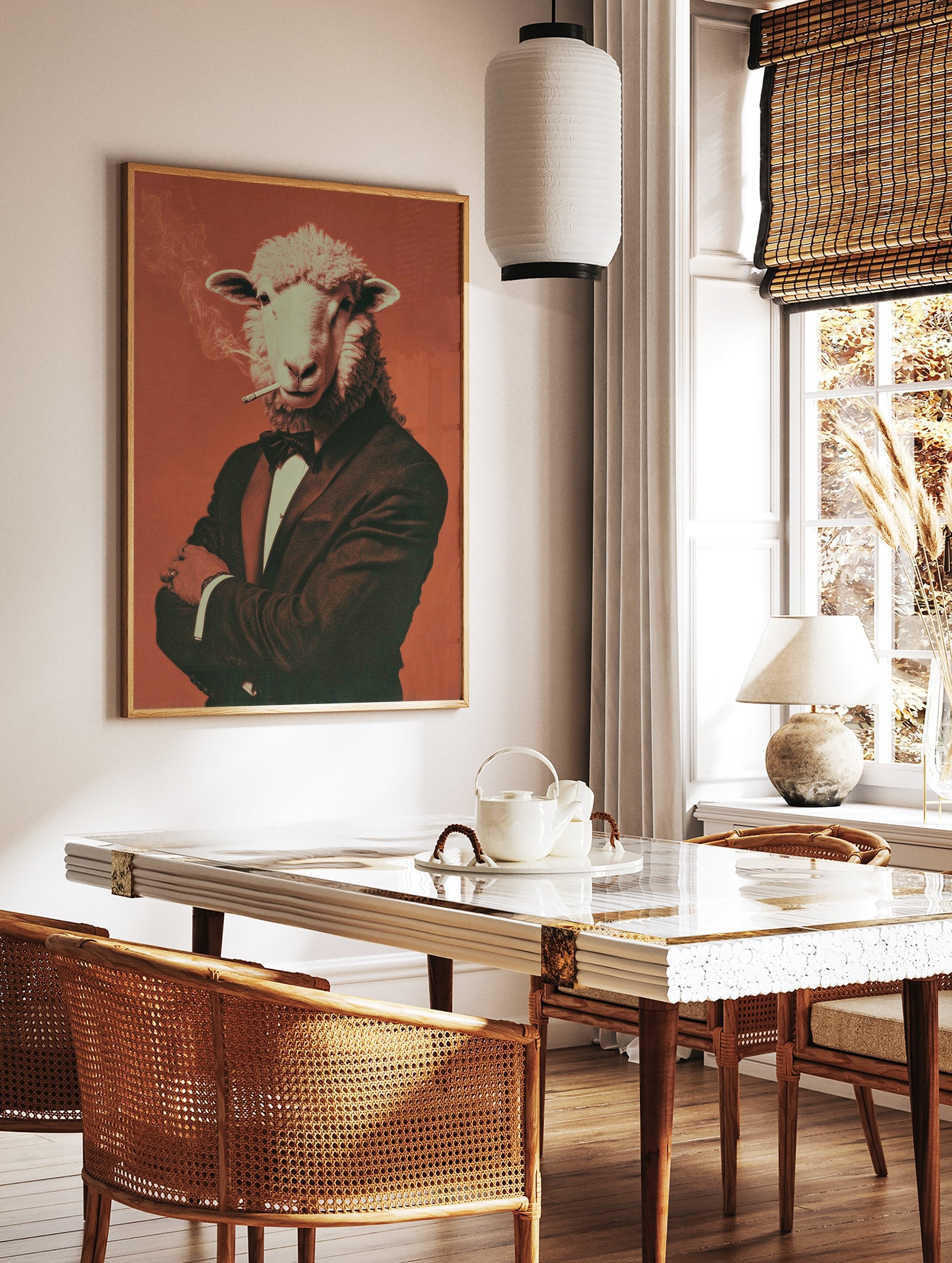 Dapper Sheep Smoking Poster art print featuring a sheep in a tuxedo smoking a cigarette against an orange background. - Image 2