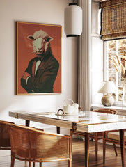 Dapper Sheep Smoking Poster art print featuring a sheep in a tuxedo smoking a cigarette against an orange background. - Image 2