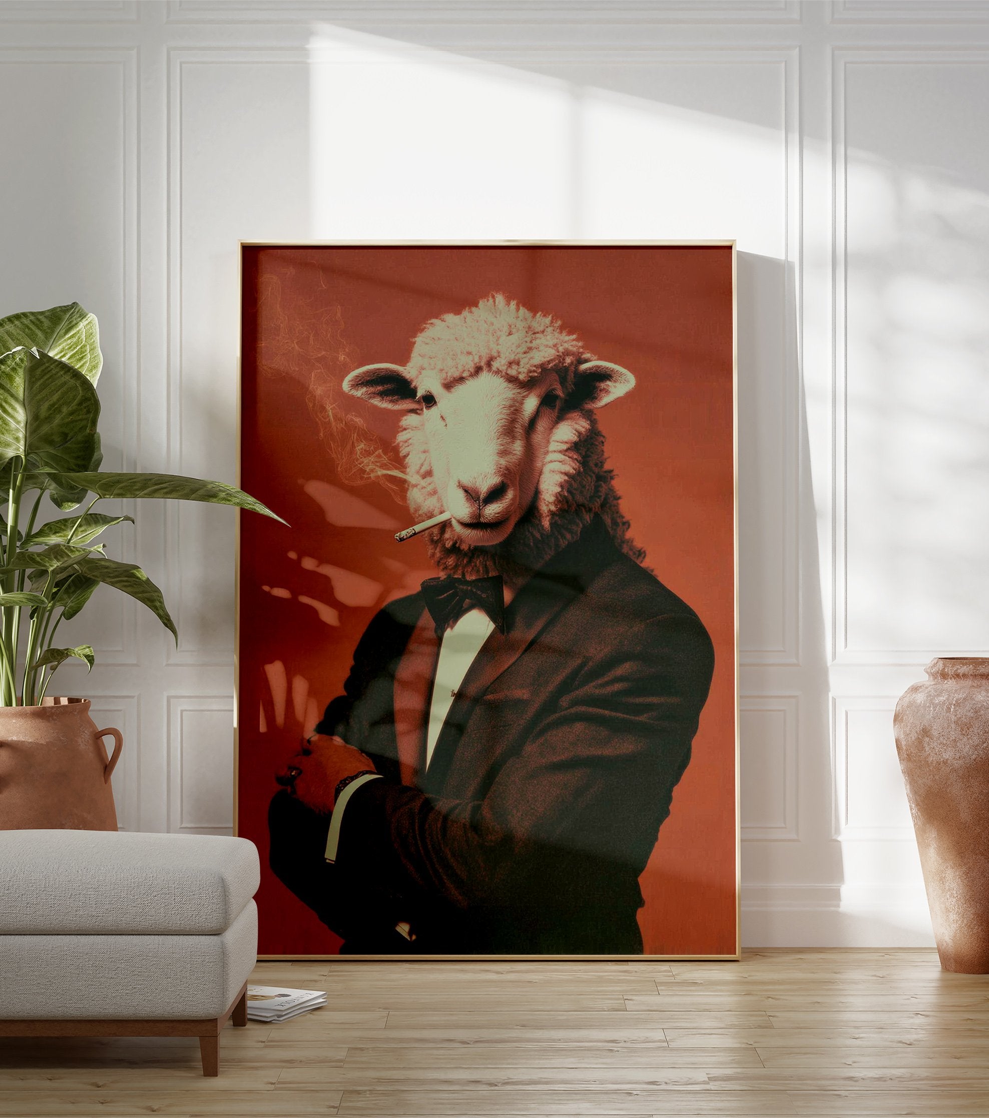 Dapper Sheep Smoking Poster art print featuring a sheep in a tuxedo smoking a cigarette against an orange background. - Image 3