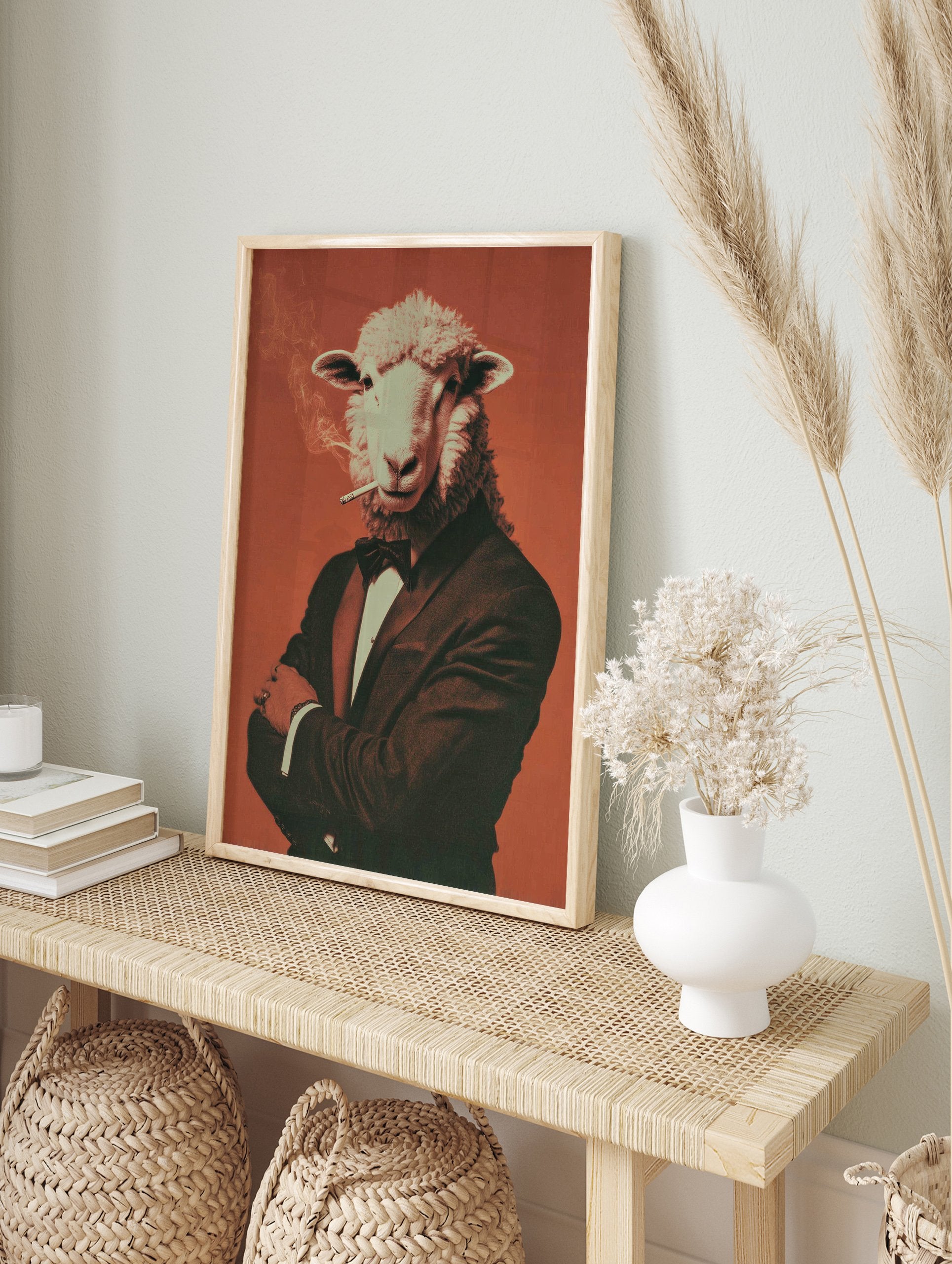 Dapper Sheep Smoking Poster art print featuring a sheep in a tuxedo smoking a cigarette against an orange background. - Image 4