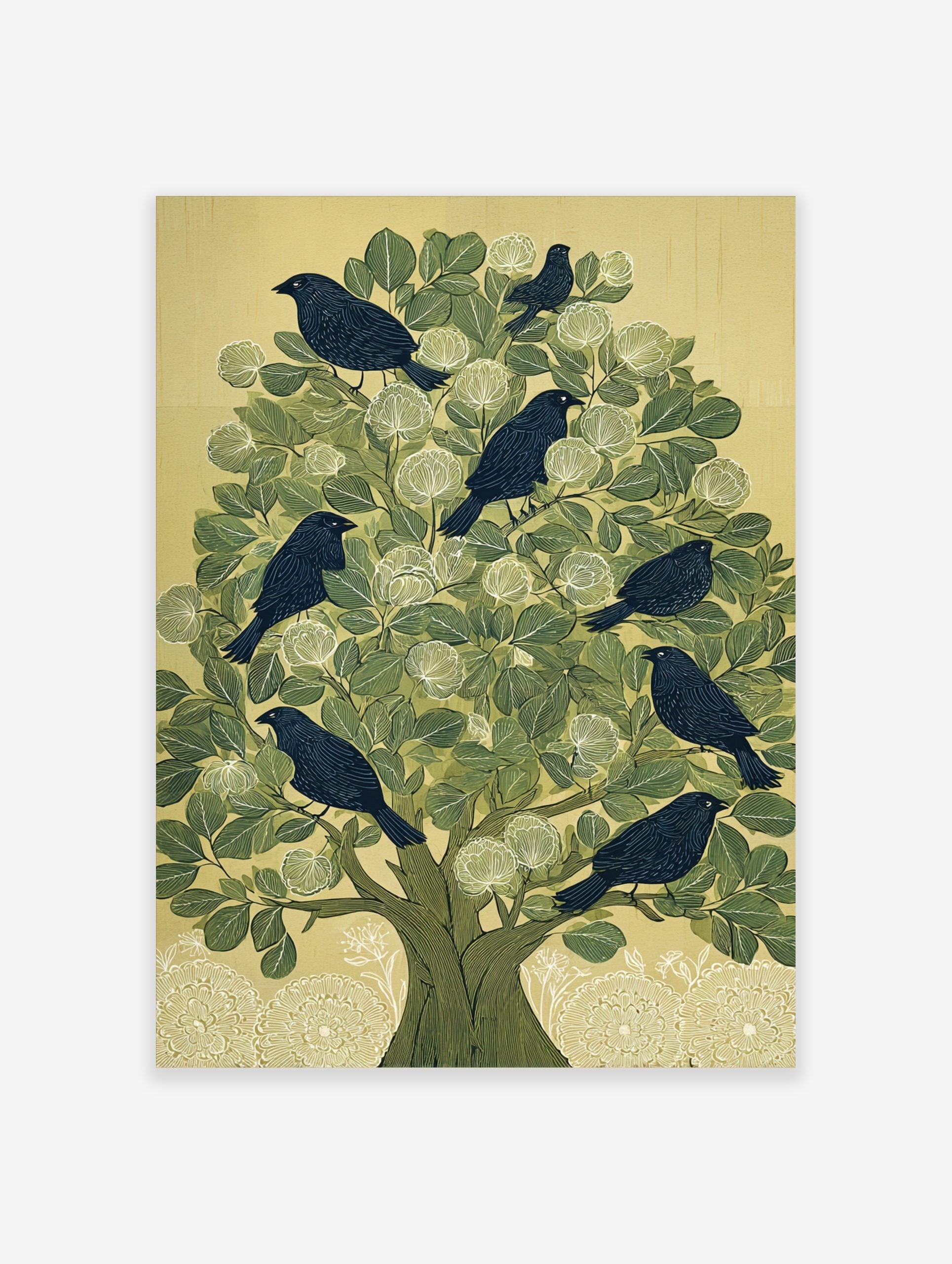 Illustrative print of dark birds in a green tree with white flowers and a pale background, portrait orientation