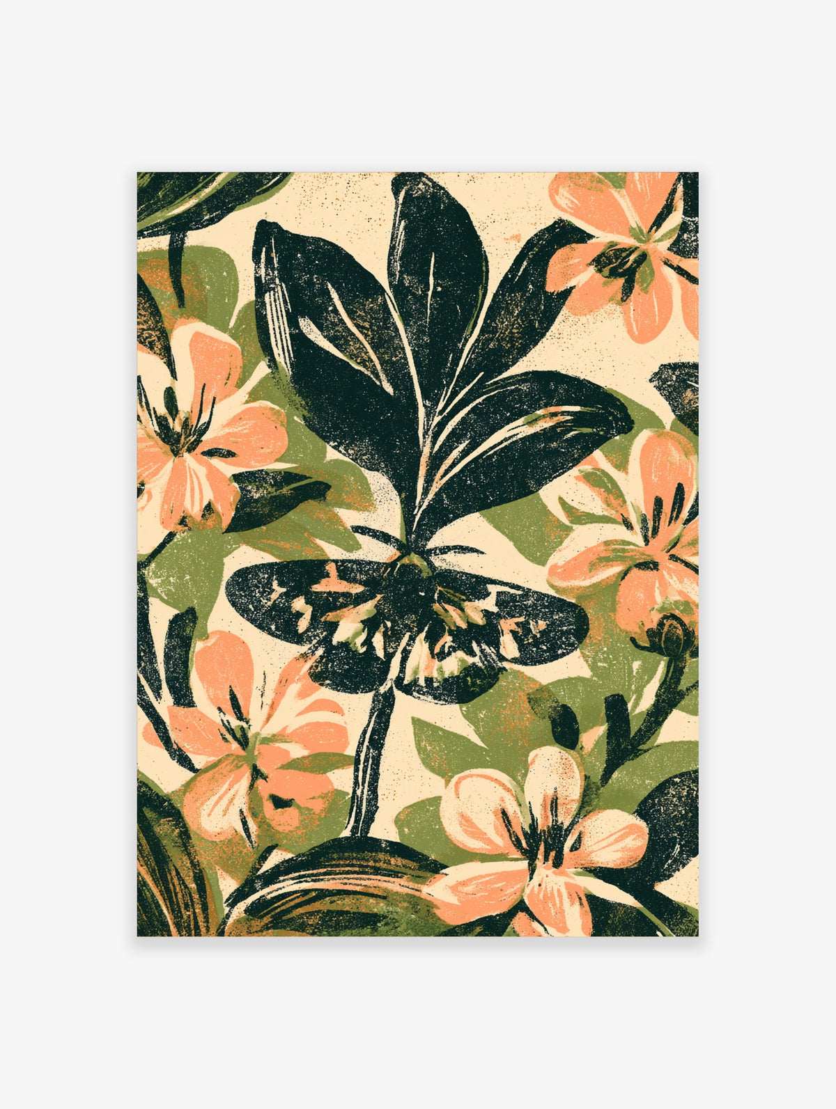 Dark moth and peach flowers on a leafy stem in a vintage block-print style