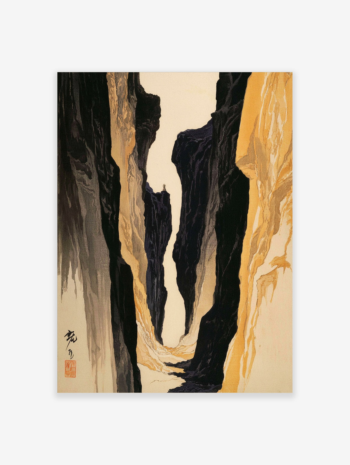 Dark canyon canyon wall art print with black and gold rock faces and a small pagoda on a distant peak