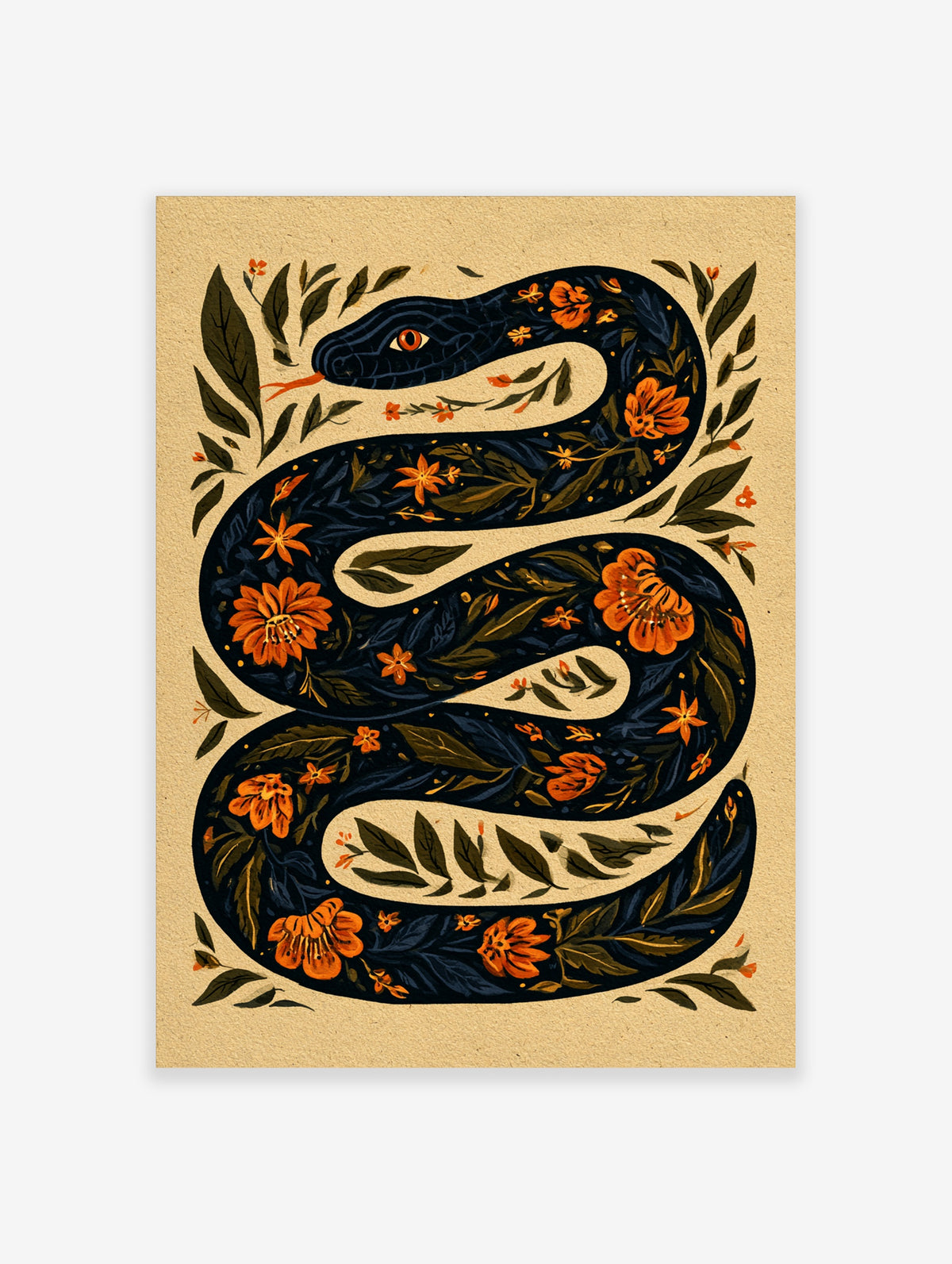 Dark snake with orange flowers and green leaves on beige background, ornate botanical animal poster