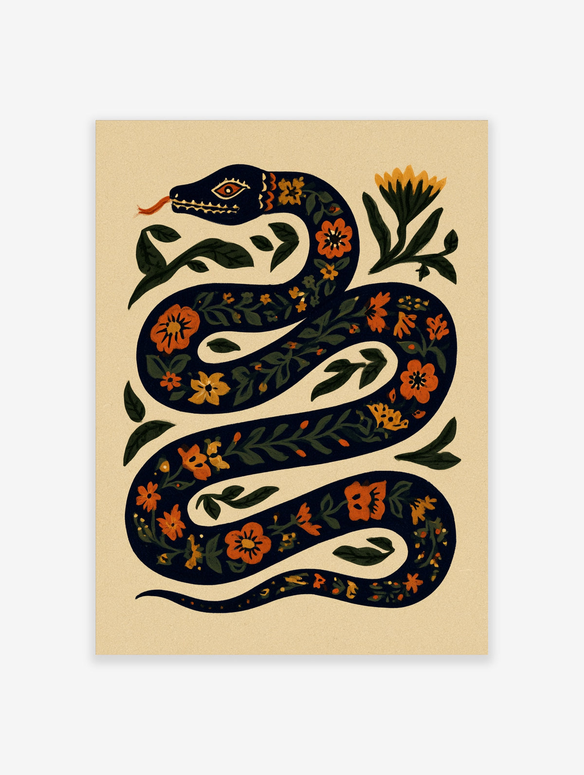 Dark snake with floral pattern and red tongue on beige background, folk art illustration