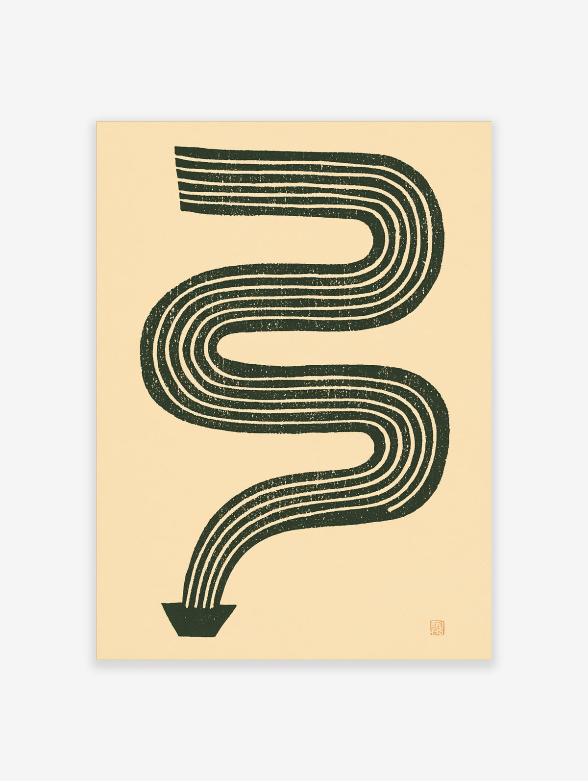 Dark green abstract line art print with winding ribbon and arrow base on beige background