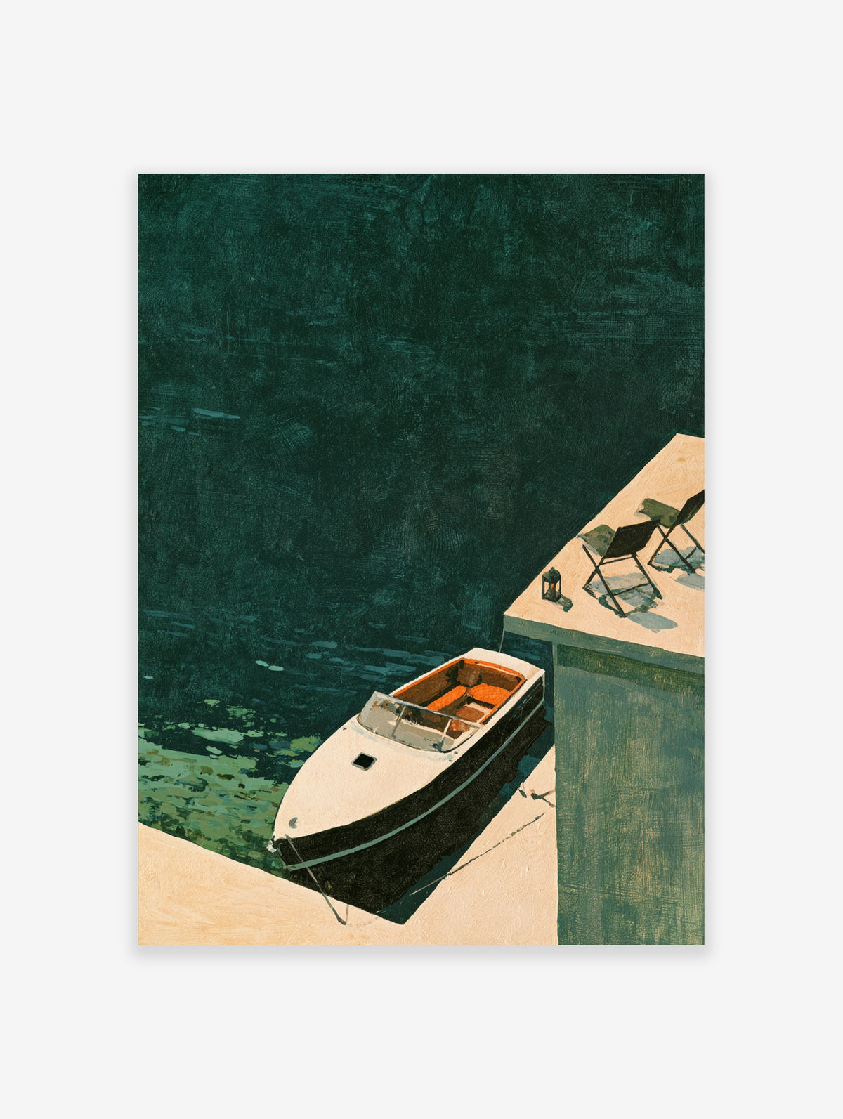 Dark green boat art print showing a white cruiser moored at a dock with two chairs