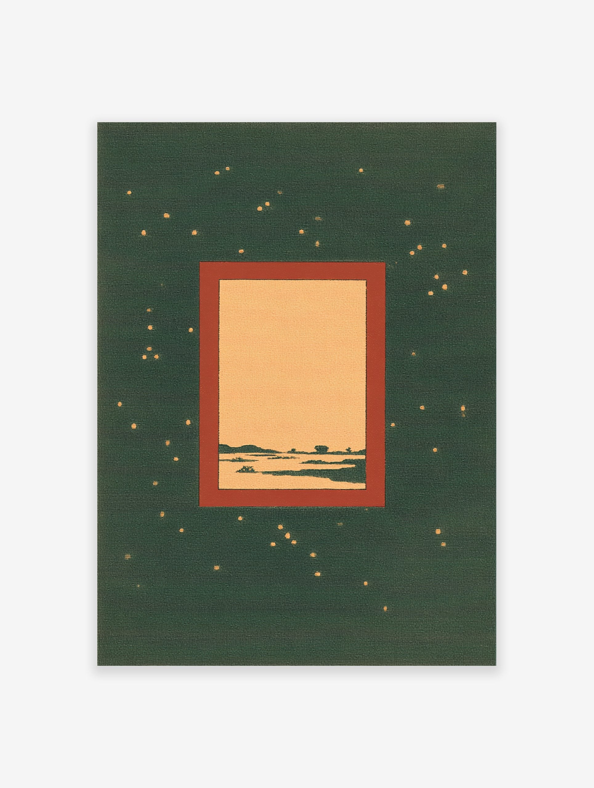 Dark green night sky wall art with minimalist landscape framed by a reddish-brown border and scattered golden dots.