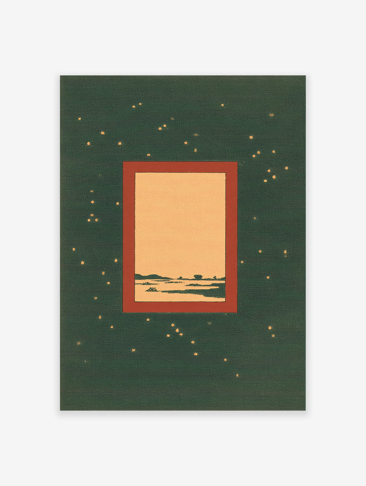 Dark green night sky wall art with minimalist landscape framed by a reddish-brown border and scattered golden dots.