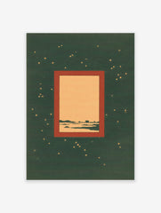 Dark green night sky wall art with minimalist landscape framed by a reddish-brown border and scattered golden dots.