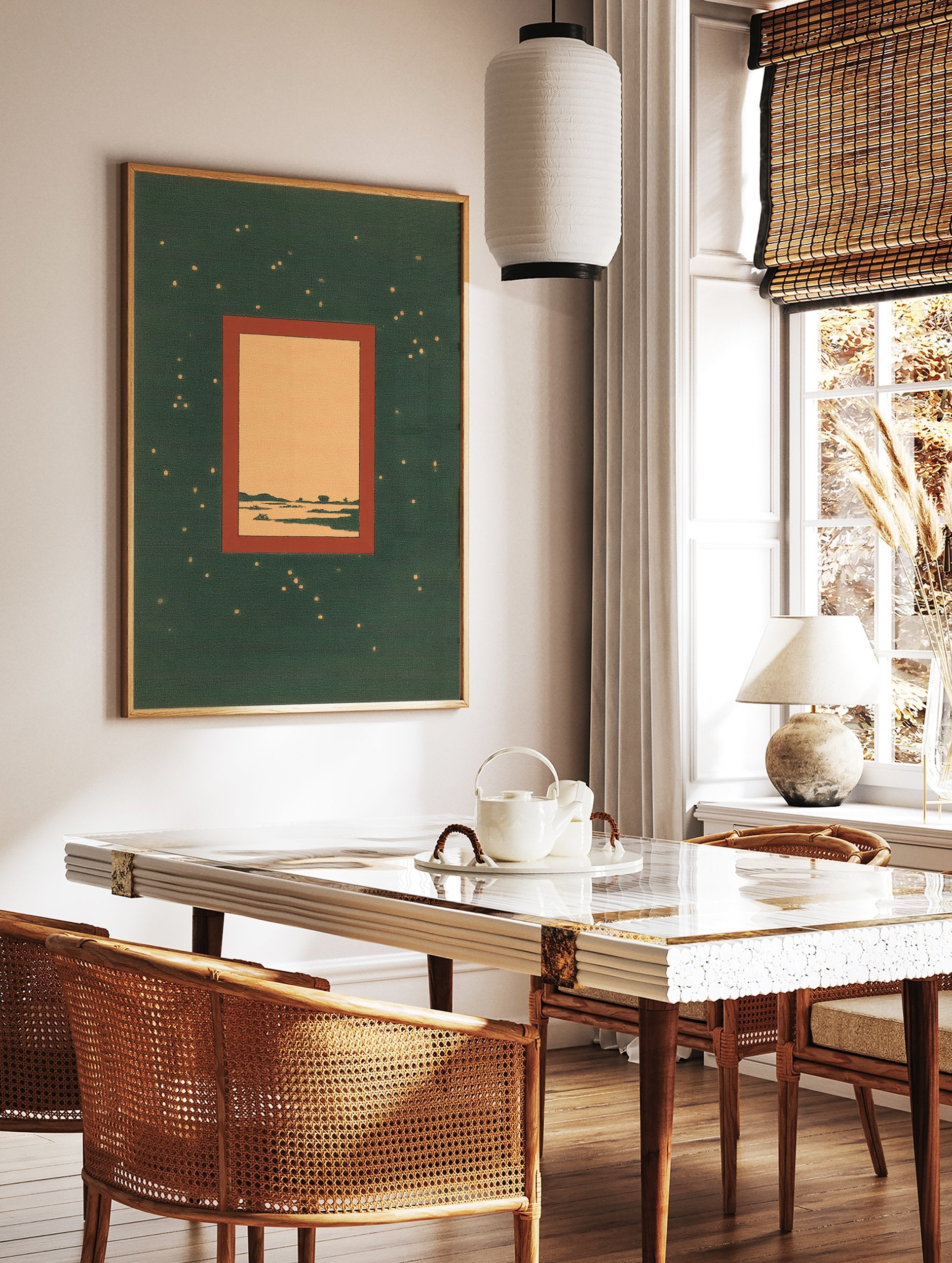 Dark green night sky wall art with minimalist landscape framed by a reddish-brown border and scattered golden dots. - Image 2