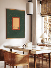 Dark green night sky wall art with minimalist landscape framed by a reddish-brown border and scattered golden dots. - Image 2
