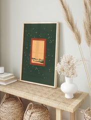 Dark green night sky wall art with minimalist landscape framed by a reddish-brown border and scattered golden dots. - Image 3
