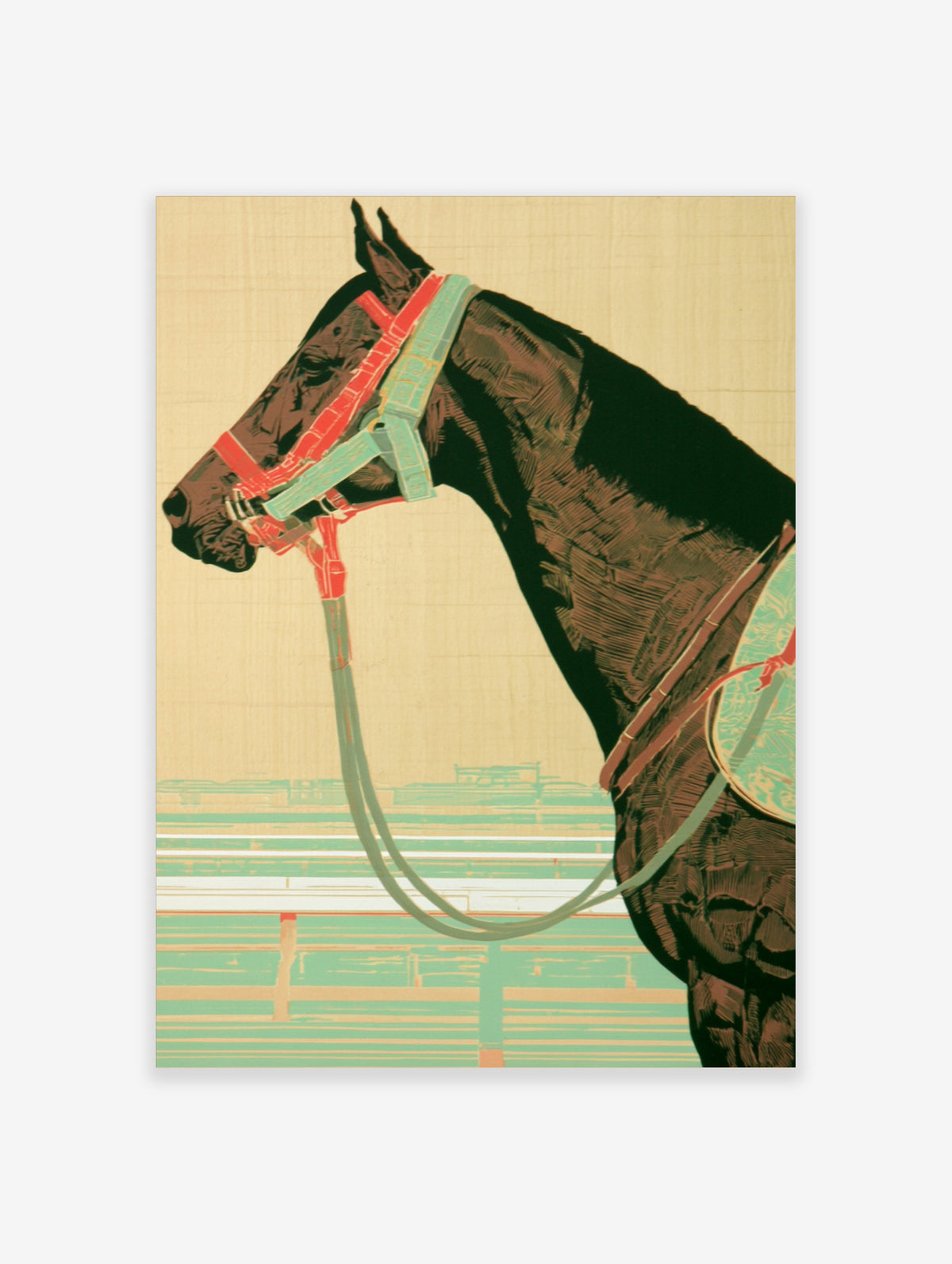 Dark horse profile with teal and red bridle, long reins, and graphic background bands