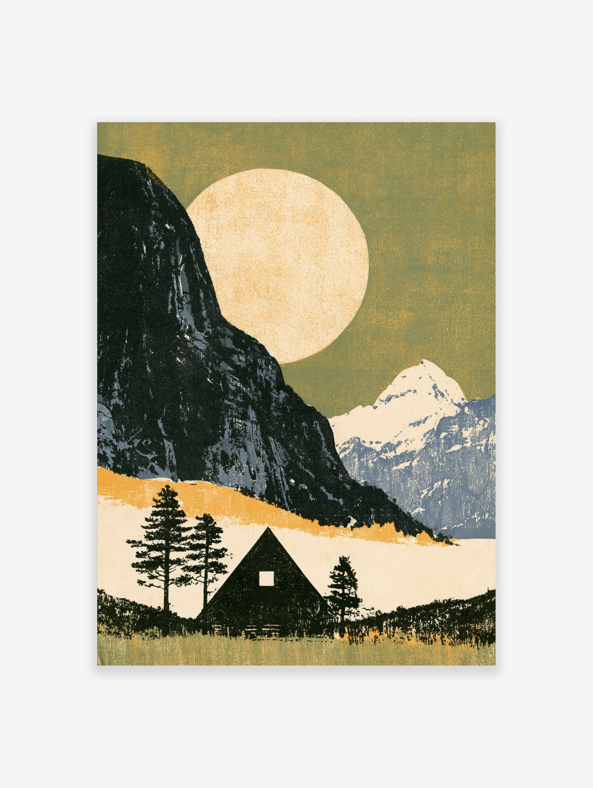 Minimalist mountain art print with dark peak, cream sun, black cabin, and pine trees on olive background