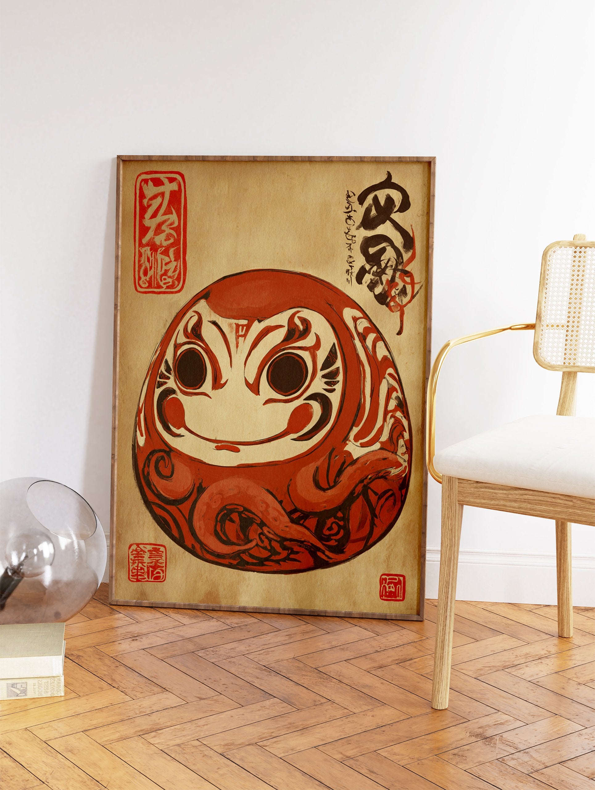 Japanese Daruma Doll Art print in red and brown with calligraphy on a textured paper background. - Image 2