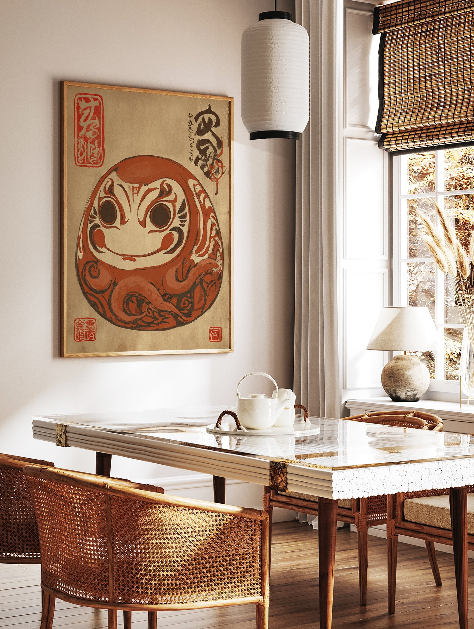 Japanese Daruma Doll Art print in red and brown with calligraphy on a textured paper background. - Image 3