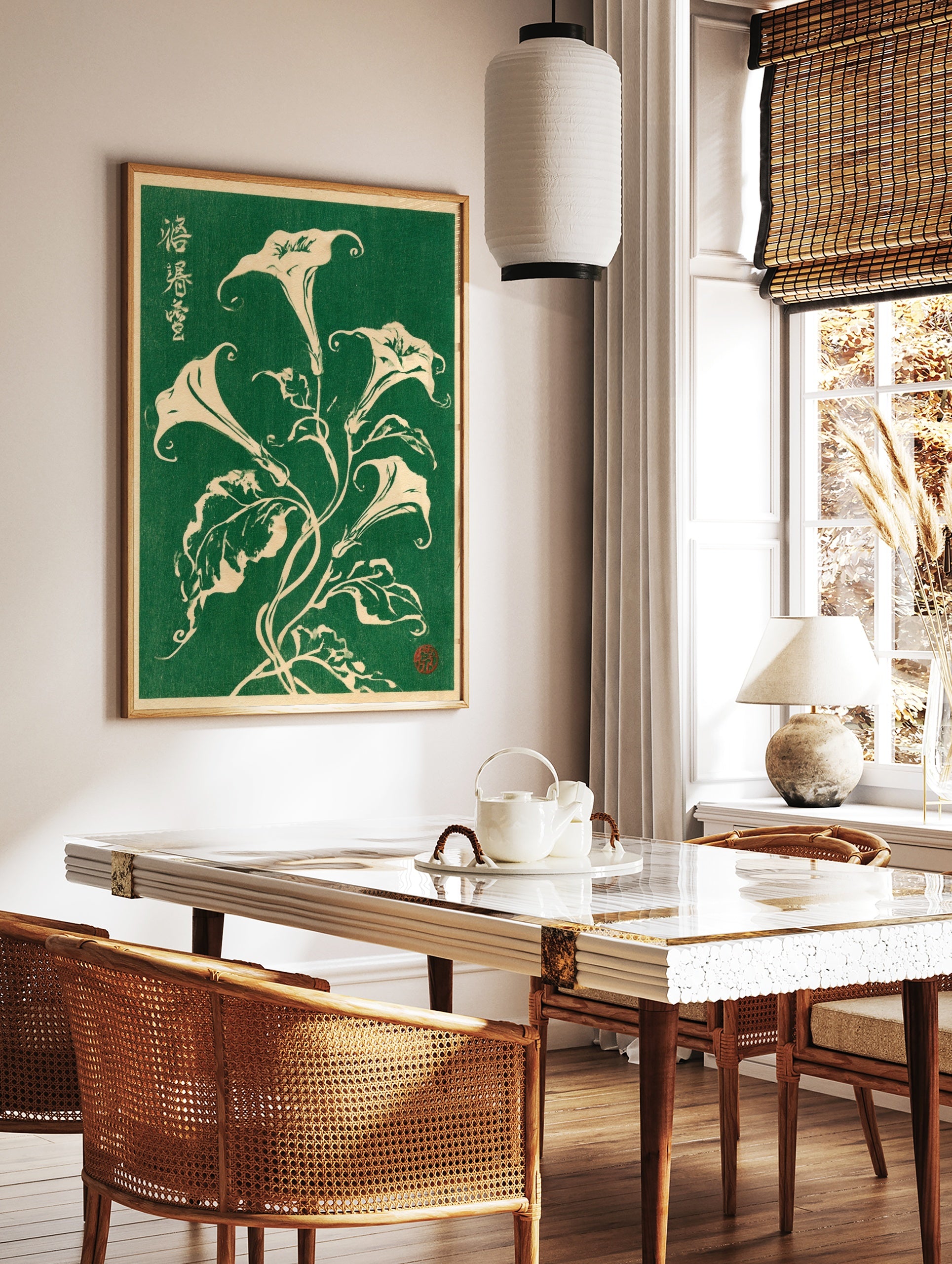 Botanical illustration of white Datura flowers with Japanese calligraphy on a deep green background, in a styled room mockup