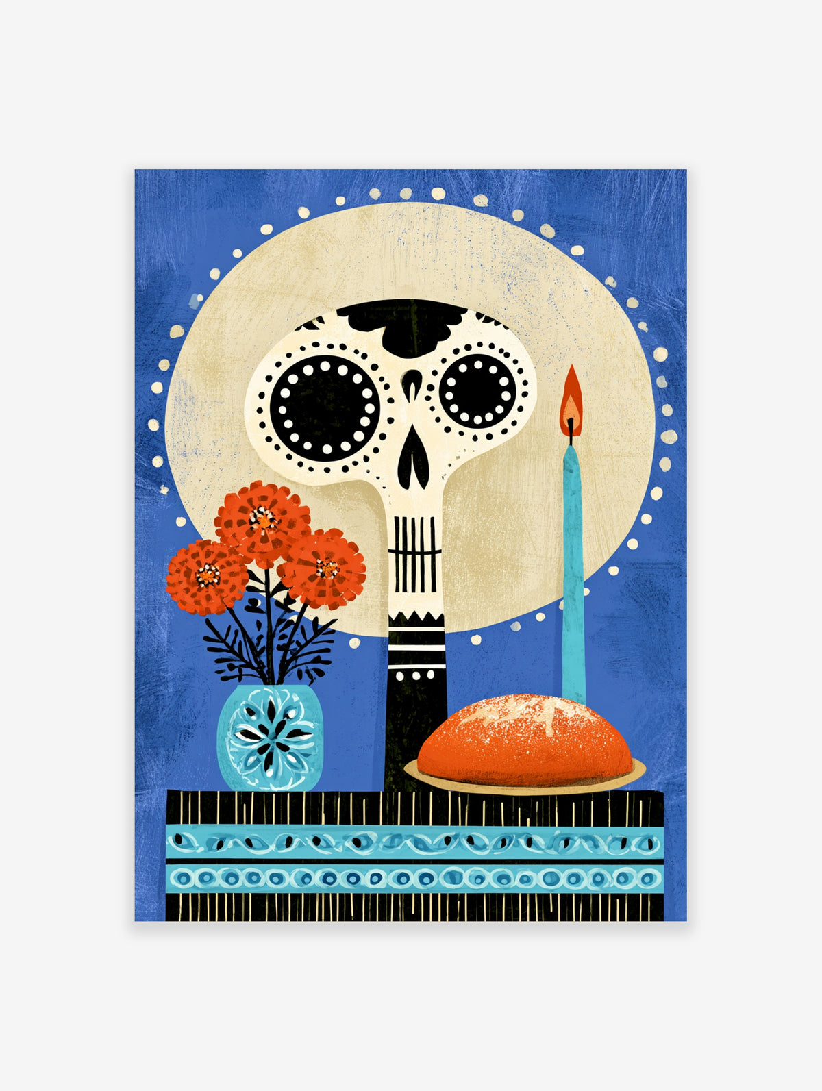 Day of the Dead sugar skull poster with marigolds, candle, and pan de muerto on blue background
